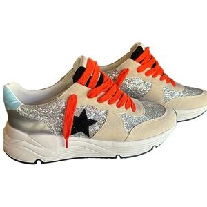 Mi.iM  California Silver Glitter Star Sneakers- Neon Orange Laces - Size 8.5